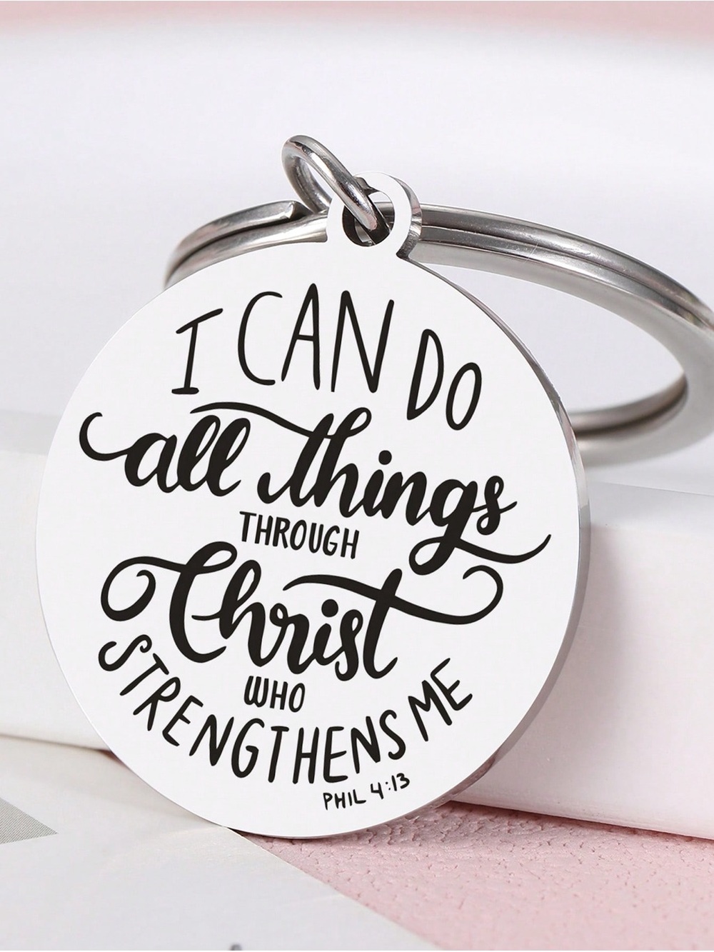 Inspirational "I Can Do All Things" Round Keychain — White & Silver